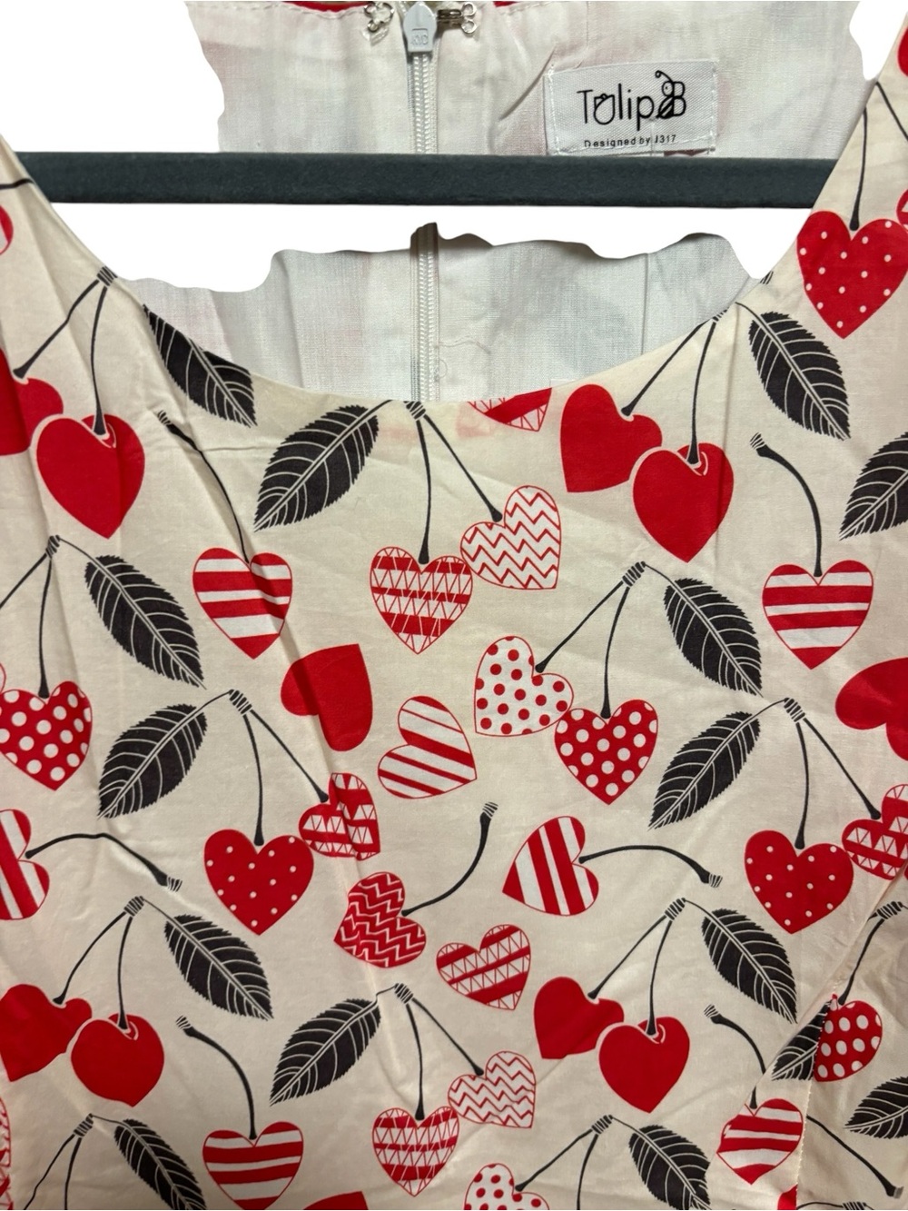 NWT Tulip B Vintage Inspired Heart Cherry Midi Dress Cream Red 100% Cotton - Picture 8 of 12